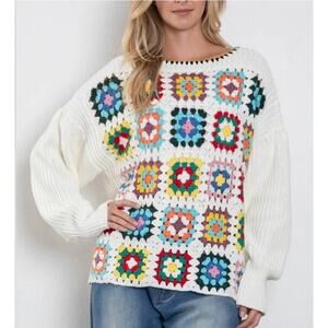 Blue Velvet Brianna Granny Square Knit Long Sleeve Sweater White Multi Small NWT